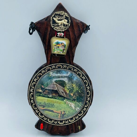 Vintage Wood Folk Art Wall Hanging Mini Kettle Bell Key Hooks Hand Painted Swiss - Picture 7 of 7